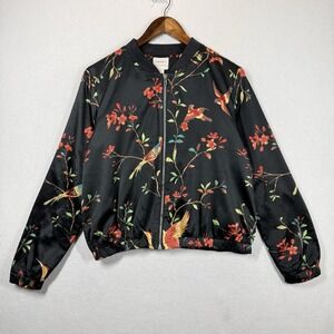 Forever 21 Contemporary Black Satin Bomber Jacket Bird Floral Print Zip Womens M
